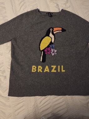 AQUA Cashmere Gray Crewneck Sweater with Toucan Brazil Graphic